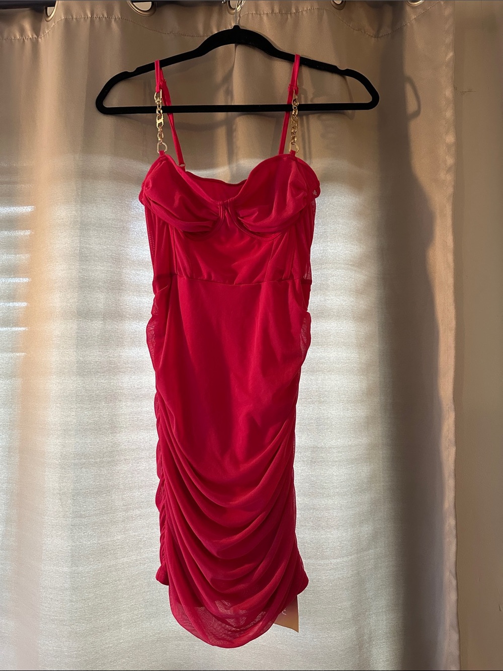 SHEIN Hot Pink Ruched Midi Dress with Gold Chain Straps NWT